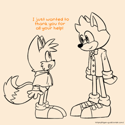 Size: 1000x1000 | Tagged: safe, artist:tiger-quoll, barry the quokka, miles "tails" prower, the murder of sonic the hedgehog, dialogue, duo, english text, looking at each other, monochrome, mouth open, orange background, simple background, smile, standing