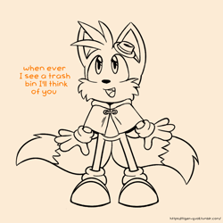 Size: 1000x1000 | Tagged: safe, artist:tiger-quoll, miles "tails" prower, the murder of sonic the hedgehog, dialogue, english text, looking up, monochrome, mouth open, orange background, simple background, smile, solo, standing