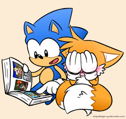 Size: 900x850 | Tagged: safe, artist:tiger-quoll, miles "tails" prower, sonic the hedgehog, blushing, classic sonic, classic tails, covering face, duo, embarrassed, mouth open, orange background, photo album, pointing, simple background, sitting, smile, wrapped in tails