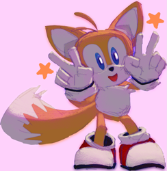 Size: 925x946 | Tagged: safe, artist:whimsical-sonic, miles "tails" prower, double v sign, looking at viewer, mouth open, pink background, posing, redraw, shadow the hedgehog (video game), simple background, solo, standing, star (symbol)