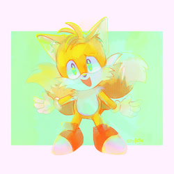 Size: 2048x2048 | Tagged: safe, artist:kittyb0tt, miles "tails" prower, abstract background, border, chibi, looking at viewer, mouth open, smile, solo, standing