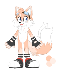 Size: 1640x2048 | Tagged: safe, artist:shunpiee, miles "tails" prower, alternate universe, blushing, fingerless gloves, goggles, goggles on head, looking at viewer, mouth open, redesign, scar, simple background, smile, solo, standing, white background