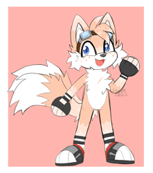 Size: 1751x1978 | Tagged: safe, artist:shunpiee, miles "tails" prower, alternate universe, blushing, border, fingerless gloves, looking offscreen, mouth open, orange background, redesign, scar, simple background, smile, solo, standing