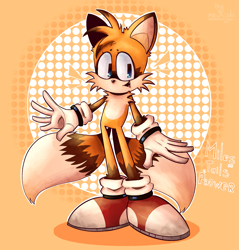 Size: 1549x1621 | Tagged: safe, artist:whoshii, miles "tails" prower, abstract background, character name, cute, looking offscreen, mouth open, outline, smile, solo, standing, tailabetes