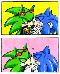 Size: 590x727 | Tagged: safe, artist:amortem-kun, scourge the hedgehog, sonic the hedgehog, 2014, abstract background, blushing, border, duo, eyes closed, gay, heart, holding them, kiss, lidded eyes, shipping, sonourge, sweatdrop