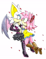 Size: 5401x6849 | Tagged: safe, artist:amortem-kun, amy rose, rouge the bat, 2012, blushing, dress, duo, holding each other, lesbian, looking at each other, mid-air, petals, rougamy, shipping, simple background, white background