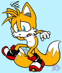Size: 600x709 | Tagged: safe, artist:amuzoreh, miles "tails" prower, 2012, blue background, hand on own head, looking down, mouth open, shadow's hover skates, shoe swap, signature, simple background, solo