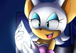 Size: 1377x964 | Tagged: safe, artist:o--d--r, rouge the bat, 2014, abstract background, crystal, holding something, lidded eyes, mouth open, redraw, solo, sonic x, standing