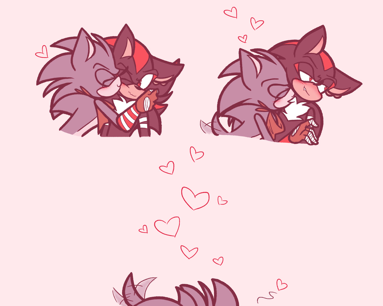 9367 - safe, artist:winkwonkblog, rouge the bat, shadow the hedgehog, sonic  the hedgehog, blushing, brown background, drink, drinking, ear piercing,  eyes closed, female, gay, heart, holding each other, holding something, kiss,  male