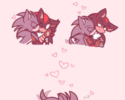 Size: 2048x1638 | Tagged: safe, artist:feeble-minded-little-gay, shadow the hedgehog, sonic the hedgehog, blushing, bust, duo, eyes closed, gay, heart, holding them, kiss on cheek, kissing neck, one eye closed, pink background, pinning them, shadow x sonic, shipping, simple background, smile, standing, wagging tail