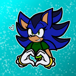 Size: 2048x2048 | Tagged: safe, artist:feeble-minded-little-gay, oc, oc:emmie the hedgehog, hedgehog, abstract background, blue fur, bust, clothes, demisexual, eyelashes, fankid, female, heart, heart hands, looking offscreen, magical gay spawn, oc only, outline, parent:shadow, parent:sonic, parents:sonadow, smile, solo