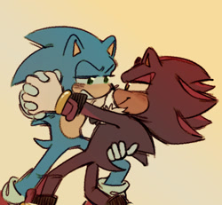 Size: 609x562 | Tagged: safe, artist:bl00doodle, shadow the hedgehog, sonic the hedgehog, blushing, clenched teeth, dancing, duo, gay, gradient background, holding each other, holding hands, lidded eyes, looking at each other, shadow x sonic, shipping, smile