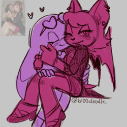 Size: 479x479 | Tagged: safe, artist:bl00doodle, rouge the bat, wave the swallow, blushing, duo, ear piercing, eyes closed, grey background, holding each other, lesbian, looking at viewer, nuzzle, one eye closed, reference inset, shipping, simple background, sitting, smile, wavouge