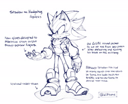 Size: 2048x1675 | Tagged: safe, artist:dilfsonic, shadow the hedgehog, cheek fluff, claws, english text, fingerless gloves, frown, jacket, looking offscreen, pawpads, redesign, shadow's logo, signature, simple background, sketch, solo, standing, white background