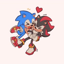 Size: 2048x2048 | Tagged: safe, artist:skyblitzhart, shadow the hedgehog, sonic the hedgehog, blushing, cute, duo, eyes closed, frown, gay, heart, holding each other, holding hands, mouth open, pink background, shadow x sonic, shadowbetes, shipping, simple background, smile, sonabetes