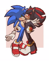 Size: 1668x2048 | Tagged: safe, artist:skyblitzhart, shadow the hedgehog, sonic the hedgehog, abstract background, blushing, border, duo, frown, gay, holding each other, lidded eyes, looking offscreen, shadow x sonic, shipping, smile, soap shoes, standing