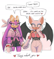 Size: 1960x2141 | Tagged: safe, artist:soulsilvers, rouge the bat, wave the swallow, abstract background, blushing, duo, hand on own face, heart, holding hands, lesbian, looking at viewer, looking offscreen, shipping, sparkles, standing, wavouge