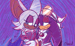Size: 862x539 | Tagged: safe, artist:cloudvampire, rouge the bat, wave the swallow, abstract background, chest fluff, clenched teeth, comforting, crying, duo, frown, holding each other, lesbian, lidded eyes, looking at them, looking offscreen, sad, shipping, signature, standing, tears, tears of sadness, wavouge