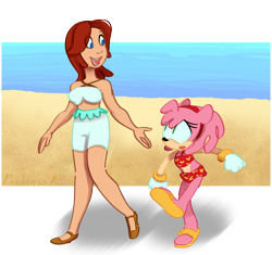 Size: 990x929 | Tagged: safe, artist:notnights, amy rose, princess elise, abstract background, amylise, beach, beach outfit, date, duo, eye clipping through hair, lesbian, looking at each other, mouth open, ocean, semi-transparent background, shipping, talking to viewer, walking