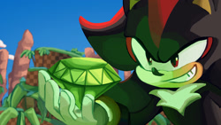 Size: 1920x1080 | Tagged: safe, artist:soapkii, shadow the hedgehog, green hill zone, sonic prime, abstract background, chaos emerald, clenched teeth, grin, looking at something, redraw, smile, solo, standing