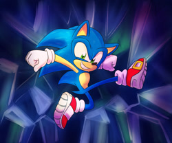 Size: 2048x1707 | Tagged: safe, artist:punkinspice5, sonic the hedgehog, sonic prime, abstract background, clenched fists, clenched teeth, crystal, eye twitch, leg up, mid-air, redraw, smile, solo