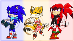 Size: 3678x2058 | Tagged: safe, artist:soulstyblueberrie, knuckles the echidna, miles "tails" prower, sonic the hedgehog, 2021, abstract background, belt, chain, dress, fangs, femboy, jacket, shorts, smile, standing, tank top, team sonic, trio