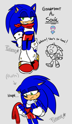 Size: 1200x2074 | Tagged: safe, artist:pukopop, sonic the hedgehog, alternate universe, bandana, crop top, english text, female, floppy ears, frown, grey background, lidded eyes, shorts, simple background, smile, solo, standing, sweatdrop, trans female, transgender