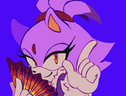 Size: 1998x1532 | Tagged: safe, artist:merpy-a, blaze the cat, cat, the murder of sonic the hedgehog, blue background, female, hand fan, holding something, looking at viewer, simple background, smile, solo
