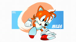 Size: 1280x713 | Tagged: safe, artist:gemlik_rogue, miles "tails" prower, 2022, abstract background, character name, classic tails, flying, looking down, mouth open, solo, spinning tails