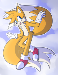 Size: 3078x4000 | Tagged: safe, artist:pdaisyff1, miles "tails" prower, 2020, abstract background, border, clouds, looking up, mid-air, mouth open, outline, smile, solo