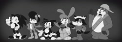 Size: 4096x1423 | Tagged: safe, artist:theteyoman, antoine d'coolette, bunnie rabbot, miles "tails" prower, rotor walrus, sally acorn, sonic the hedgehog, style emulation
