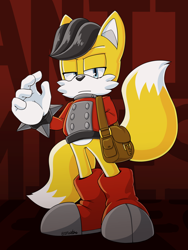 Size: 1664x2214 | Tagged: safe, artist:321pietime, miles (anti-mobius), fox, blue eyes, boots, english text, sachel, spiked bracelet, yellow fur