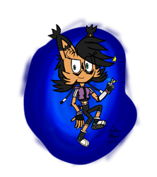 Size: 1025x1153 | Tagged: safe, artist:mike zhou, artist:mikeyzhoucreations, nicole the hololynx, abstract background, crossover, gloves, hoodie, leaping, meta runner, oval, pants, partially roboticized, shoes, smile, star (symbol)