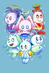 Size: 1200x1800 | Tagged: safe, artist:akaitsukii, chao, angel chao, blue background, chaos chao, genderless, group, hero chao, hero chaos chao, simple background, sparkles
