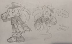 Size: 2048x1262 | Tagged: safe, artist:larabar, sonic the hedgehog, the murder of sonic the hedgehog, alternate universe, au:actually dead, dialogue, full body, ghost, greyscale, hat, multiple views, pencilwork, smile, solo, speech bubble, standing, traditional media