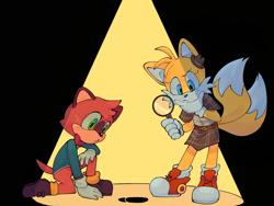 Size: 1024x768 | Tagged: safe, artist:s1llycilantro, barry the quokka, miles "tails" prower, the murder of sonic the hedgehog, black background, duo, footprint, frown, holding something, kneeling, looking at something, pout, shirt, simple background, skirt, spotlight, standing, sweatdrop, trans female, transgender