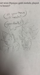 Size: 914x1706 | Tagged: safe, artist:s1llycilantro, miles "tails" prower, shadow the hedgehog, bow, bust, cartoon logic, dialogue, duo, english text, female, females only, looking at each other, sketch, speech bubble, traditional media, trans female, transgender