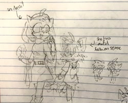 Size: 1093x882 | Tagged: safe, artist:s1llycilantro, amy rose, miles "tails" prower, shadow the hedgehog, sonic the hedgehog, duo focus, english text, female, group, lined paper, looking at each other, male, mouth open, pencilwork, sketch, smile, standing, tongue out, traditional media, trans female, transgender