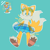 Size: 1280x1280 | Tagged: safe, artist:s1llycilantro, miles "tails" prower, fox, eyelashes, female, holding something, outline, pawpads, reference inset, sandals, shorts, signature, simple background, smile, solo, sunglasses, swimming tube, swimsuit, trans female, transgender, turquoise background