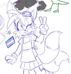 Size: 636x659 | Tagged: safe, artist:battiegutz, miles "tails" prower, arm fluff, freckles, goggles, goggles on head, looking offscreen, mouth open, simple background, sketch, smile, solo, standing, star (symbol), trans female, transgender, v sign, white background, wink