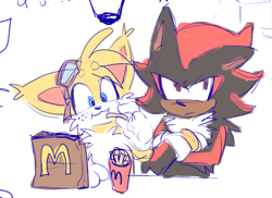 Size: 810x589 | Tagged: safe, artist:battiegutz, miles "tails" prower, shadow the hedgehog, arm fluff, arms folded, bored, duo, ear fluff, eating, eyebrows clipping through hair, female, floppy ears, freckles, fries, frown, goggles, goggles on head, holding something, looking offscreen, male, mcdonalds, one fang, simple background, table, trans female, transgender, white background