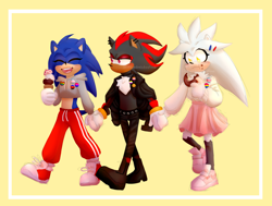 Size: 2048x1547 | Tagged: safe, artist:wednesday-moved, silver the hedgehog, hedgehog, badge, bisexual, blushing, border, cropped hoodie, crumbs, donut, ear piercing, eating, female, hair pin, holding hands, holding something, ice cream, jacket, lesbian, nonbinary, pansexual, pants, polyamory, shadow x silver, shadow x sonic, shipping, simple background, skirt, smile, sonadilver, sonilver, sweater, trans female, transgender, trio, walking, yellow background