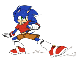 Size: 2048x1638 | Tagged: safe, artist:wednesday-moved, sonic the hedgehog, blushing, clenched teeth, looking offscreen, movie style, shirt, shorts, simple background, skidding, smile, solo, sweatdrop, trans male, transgender, transparent background