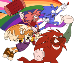 Size: 2048x1711 | Tagged: safe, artist:milolunde, amy rose, knuckles the echidna, miles "tails" prower, sonic the hedgehog, cape, clenched teeth, female, flag, flying, genderqueer, genderqueer pride, group, holding something, lesbian pride, looking up, male, mid-air, mouth open, nonbinary, nonbinary pride, overalls, piko piko hammer, pride, pride flag, simple background, smile, spinning tails, standing, top surgery scars, trans female, trans male, trans pride, transgender, transparent background