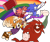 Size: 2048x1711 | Tagged: safe, artist:milolunde, amy rose, knuckles the echidna, miles "tails" prower, sonic the hedgehog, echidna, fox, hedgehog, cape, clenched teeth, female, flag, flying, genderqueer, genderqueer pride, group, hammer, holding something, lesbian pride, looking up, male, mid-air, mouth open, nonbinary, nonbinary pride, overalls, piko piko hammer, pride, pride flag, simple background, smile, spinning tails, standing, top surgery scars, trans female, trans male, trans pride, transgender, transparent background