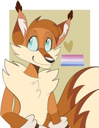 Size: 1500x1920 | Tagged: safe, artist:blossomdapple, miles "tails" prower, fox, abstract background, bigender, bigender pride, border, chest fluff, ear fluff, heart, looking offscreen, older, pride flag, smile, solo, standing