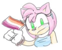 Size: 509x413 | Tagged: safe, artist:fuwuffy-bunno, amy rose, hedgehog, bust, facepaint, female, flag, holding something, lesbian, lesbian pride, pride, pride flag, simple background, sketch, smile, solo, trans female, trans pride, transgender, white background