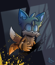 Size: 720x860 | Tagged: safe, artist:nightmarefelix12, miles "tails" prower, fox, 2021, abstract background, ear fluff, fire, frown, glowing eyes, looking ahead, male, solo