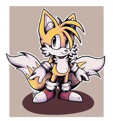 Size: 1743x1871 | Tagged: safe, artist:shiftcircuit, miles "tails" prower, fox, 2021, abstract background, border, looking at viewer, male, outline, shadow (lighting), signature, smile, solo, standing