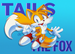 Size: 2008x1456 | Tagged: safe, artist:jovialnightz, miles "tails" prower, fox, 2018, character name, english text, flying, looking at viewer, male, mid-air, mouth open, postcard, smile, solo, v sign
